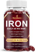 Iron with Multivitamin - 65mg Iron + Vitamin C, D3, E, B6, B12 & Folate for Energy & Red Blood Cell Support - 150 Softgels, 75 Days Supply