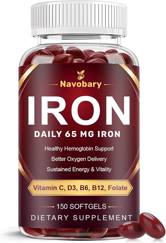 Iron with Multivitamin - 65mg Iron + Vitamin C, D3, E, B6, B12 & Folate for Energy & Red Blood Cell Support - 150 Softgels, 75 Days Supply
