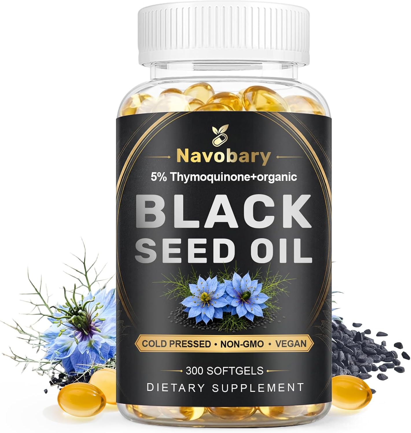 Black Seed Oil Softgels, 5% Thymoquinone, Cold Pressed Nigella Sativa from Turkish Black Cumin Seed, 500mg with Vitamin E, Non-GMO & Vegan, Gluten Free, 150 Softgels