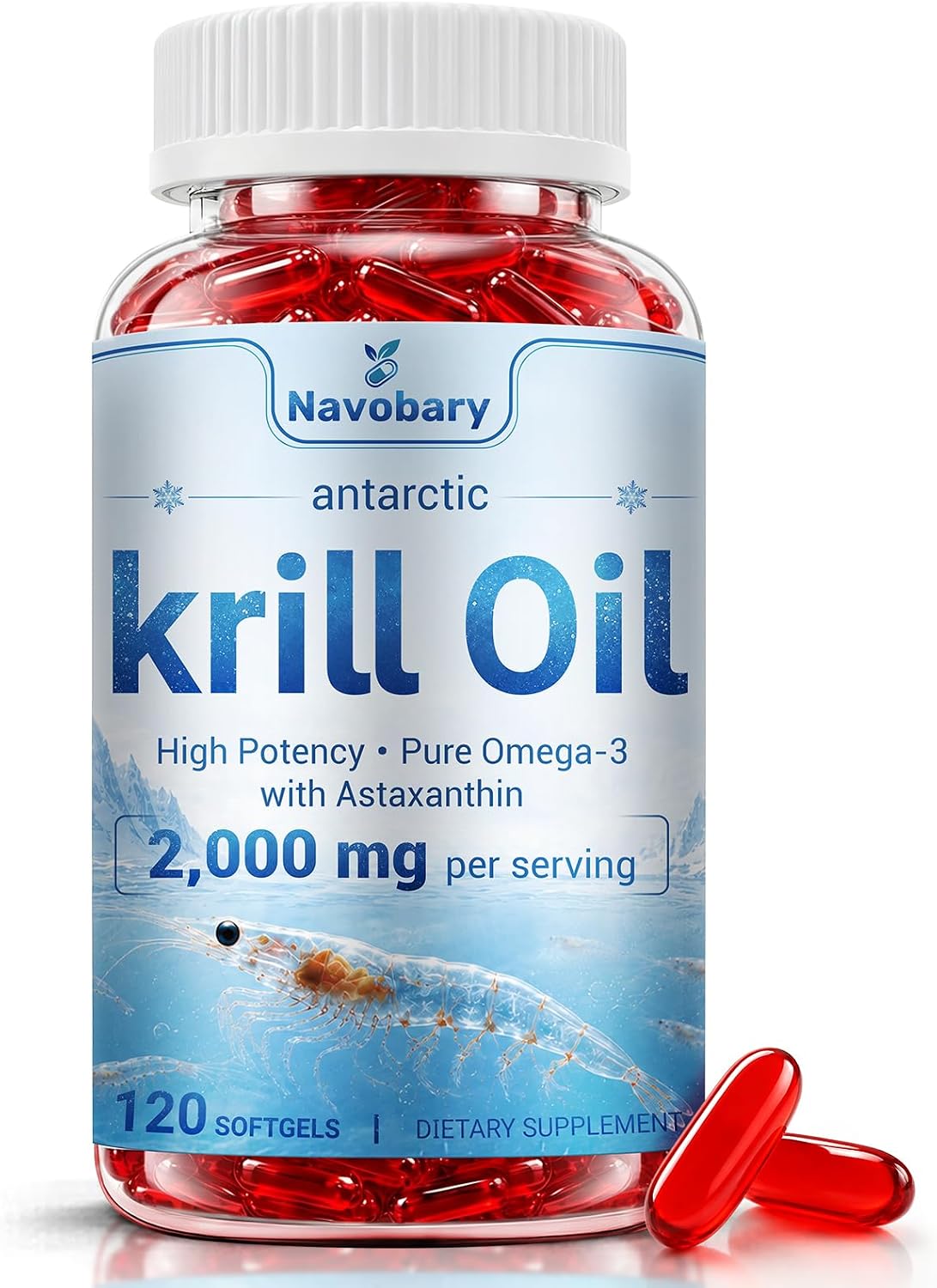 Antarctic Krill Oil Supplement 2,000mg Per Serving, 120 Softgels | Triple Strength Omega-3 EPA DHA with Phospholipids, Astaxanthin & Choline | Heart Health Support, Burpless | Non-GMO, Gluten Free